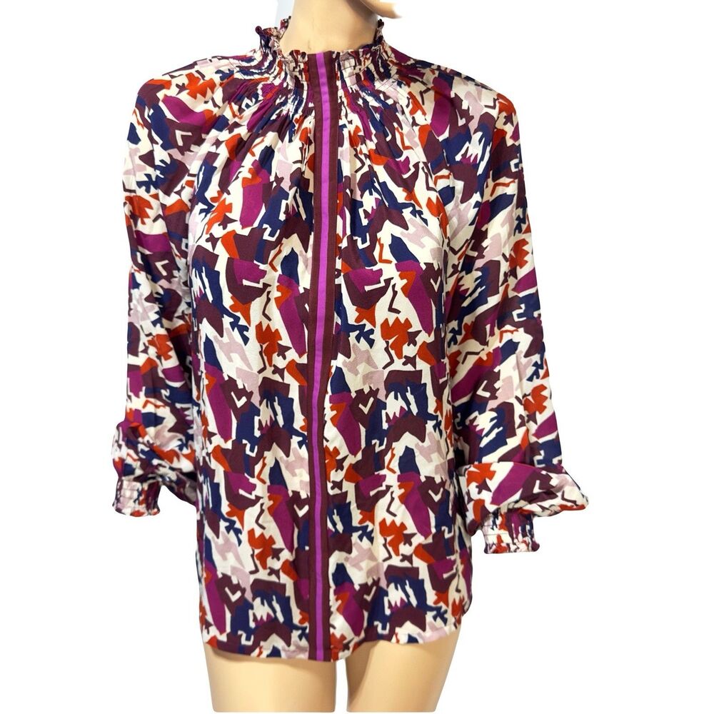 Rungolee Silk Blouse Size S Abstract Print Smocked Neck & Cuff Long Sleeve Top